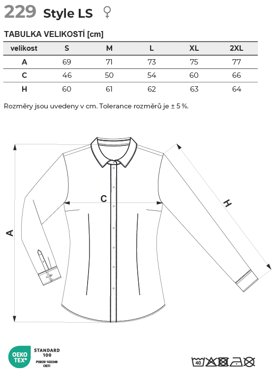229 Style LS košile dámská Tabulka velikostí